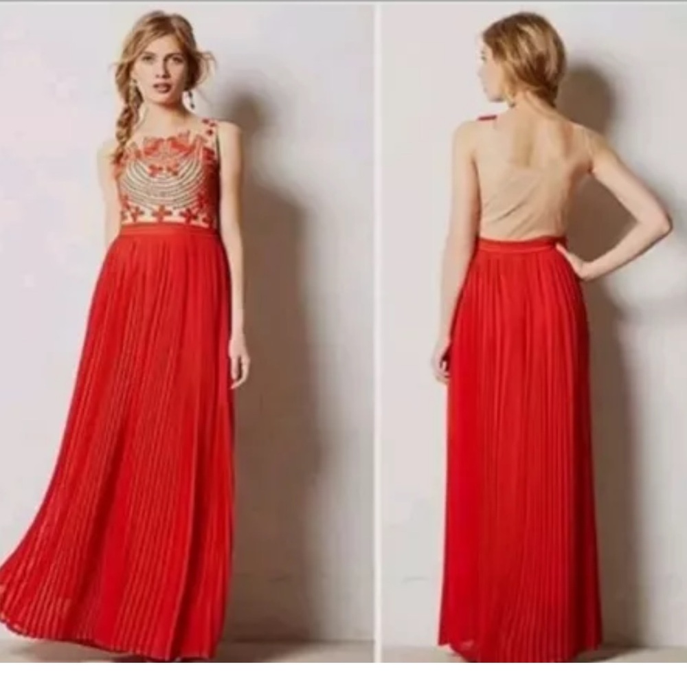 Anthropologie Rubied Dusk Maxi Long Pleated Dress Gown 10 Rina Dhaka